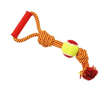 №1 игрушка для собак Грейфер веревка с 2-мя узлами, мячом и ручкой, красно-желтый