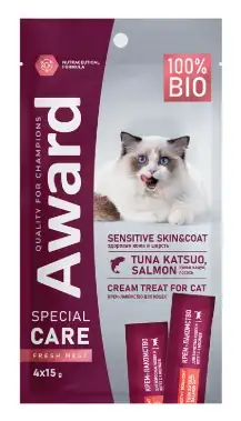 Купить award special care Крем-лакомство для взрослых кошек и котят с 4 месяцев с лососем и тунцом Кацуо "Здоровая кожа и шерсть"