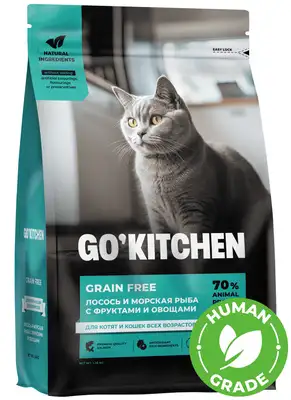 Купить go'kitchen Сухой Беззерновой корм для котят и кошек всех возрастов с лососем, морской рыбой, фруктами и овощами, grain free salmon&seafish