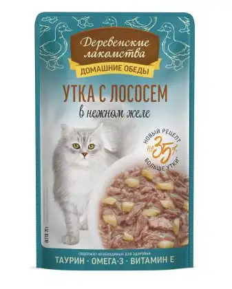 Купить Деревенские лакомства Домашние обеды утка с лососем в нежном желе пауч для кошек