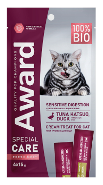 Купить award special care Крем-лакомство для взрослых кошек и котят с 4 месяцев с уткой и тунцом Кацуо "Чувствительное пищеварение"
