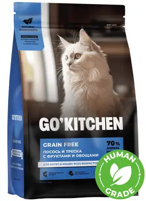 Купить go'kitchen Сухой Беззерновой корм для котят и кошек всех возрастов с лососем, треской, фруктами и овощами, grain free salmon&codfish