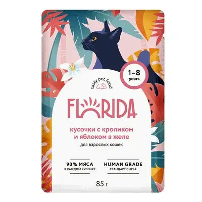 Купить florida влажный корм для взрослых кошек: кусочки с кроликом и яблоком в желе (пауч)
