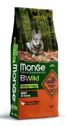 Купить monge dog bwild grain free сухой беззерновой корм для взрослых собак всех пород с мясом утки и картофелем