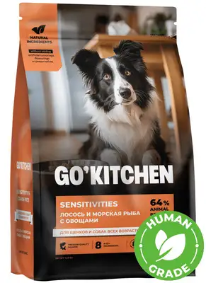 Купить go’kitchen sensitivities сухой беззерновой корм для щенков и собак всех возрастов с лососем и морской рыбой для чувствительного пищеварения