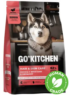 Купить go'kitchen hair&skin care сухой корм для щенков и собак всех возрастов с лососем, фруктами и овощами для кожи и шерсти