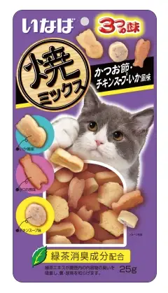Купить inaba yakimiksu Лакомство для кошек Снеки со вкусом кацуобуси, куриного бульона и кальмара