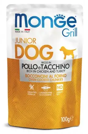 Купить monge dog grill puppy & junior влажный корм для щенков всех пород с курицей и индейкой (пауч)