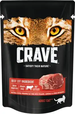 Купить crave влажный корм для взрослых кошек, с говядиной в желе (пауч)