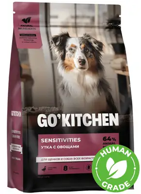 Купить go’kitchen sensitivities сухой беззерновой корм для щенков и собак всех возрастов с уткой и овощами с чувствительным пищеварением