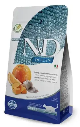Купить farmina n&d ocean cat herring pumpkin & orange adult сухой беззерновой корм для взрослых кошек с сельдью, тыквой и апельсином