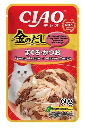 Купить inaba ciao kinnodashi влажный корм для кошек тунец Магуро и тунец Кацуо кусочки в желе (пауч)