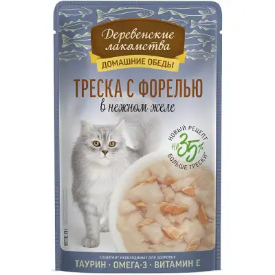 Купить Деревенские лакомства Домашние обеды треска с форелью в нежном желе влажный корм для кошек (пауч)