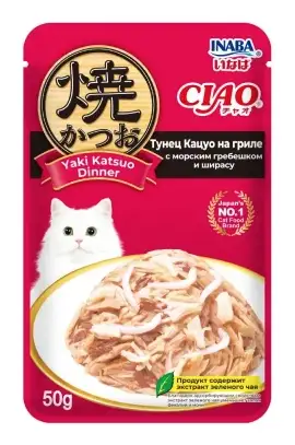 Купить inaba ciao yaki katsuo dinner влажный корм для взрослых кошек Тунец Кацуо на гриле с морским гребешком и ширасу (пауч)