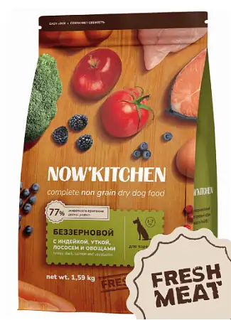 Купить now’ kitchen grain free сухой беззерновой корм для взрослых собак всех пород с индейкой, уткой, лососем и овощами (срок до 17.04.2026)