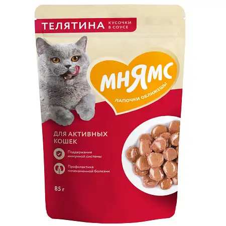 Купить Мнямс влажный корм для активных кошек кусочки в соусе с телятиной (пауч)