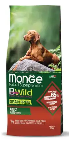 Купить monge dog bwild grain free сухой беззерновой корм для взрослых собак всех пород с мясом ягненка, картофелем и горохом