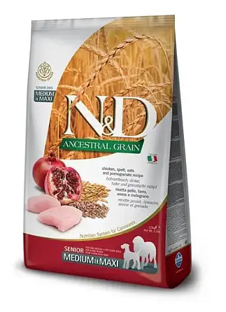 Купить farmina n&d ancestral grain dog chicken, spelt, oats and pomegranate senior medium & maxi сухой низкозерновой корм для пожилых собак крупных и средних пород с курицей и гранатом