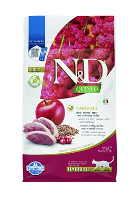 Farmina N&D Quinoa Hairball корм для кошек, утка, киноа, яблоко и клюква, для выведения шерсти