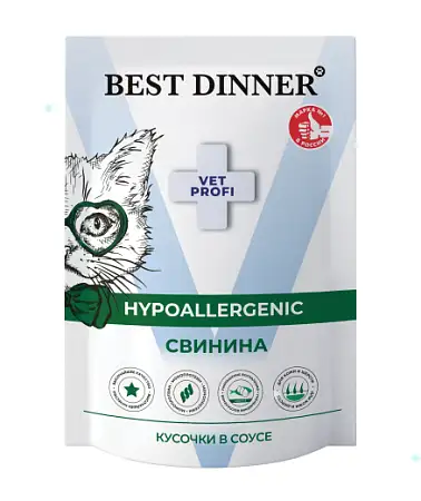 Купить best dinner vet profi hypoallergenic влажный корм для кошек при пищевой аллергии, свинина кусочки в соусе (пауч)