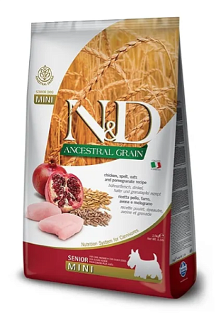 Купить farmina n&d ancestral grain dog chicken, spelt, oats and pomegranate senior mini сухой низкозерновой корм для пожилых собак мелких пород с курицей и гранатом