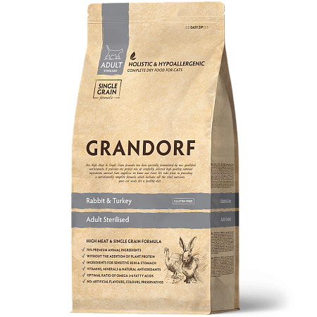 Купить grandorf сухой низкозерновой корм для стерилизованных кошек с кроликом и индейкой.