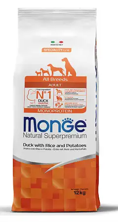 Купить monge dog speciality line monoprotein сухой корм для взрослых собак всех пород из утки с рисом и картофелем