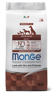Monge Dog Speciality Line Monoprotein сухой корм для взрослых собак всех пород из ягненка с рисом и картофелем
