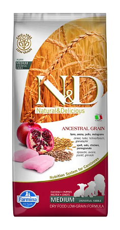 Купить farmina n&d ancestral grain dog chicken & pomegranate puppy medium & maxi сухой низкозерновой корм для щенков крупных и средних пород с курицей и гранатом