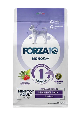 Forza10 MonoDiet Sensitive Skin Mini&Toy Adult сухой беззерновой, гипоаллергенный корм для взрослых собак мелких пород с чувствительной кожей и шерстью, с рыбой