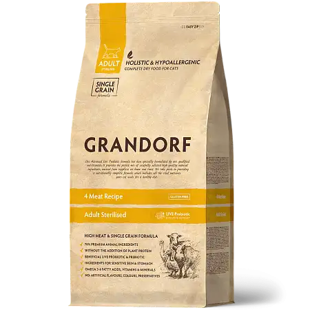 Купить grandorf сухой низкозерновой корм для стерилизованных кошек с пробиотиками "четыре вида мяса с бурым рисом"