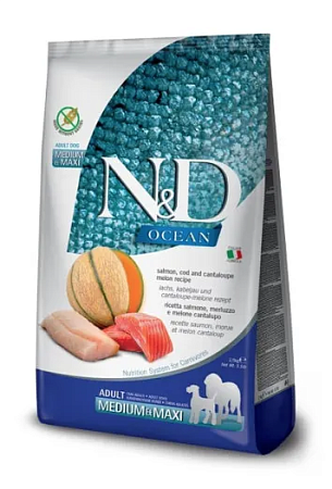 Купить farmina n&d ocean dog salmon, codfish & cantaloupe melon adult medium & maxi сухой беззерновой корм для взрослых собак средних и крупных пород с лососем, треской и дыней