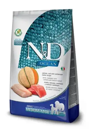 Купить farmina n&d ocean dog salmon, codfish & cantaloupe melon adult medium & maxi сухой беззерновой корм для взрослых собак средних и крупных пород с лососем, треской и дыней