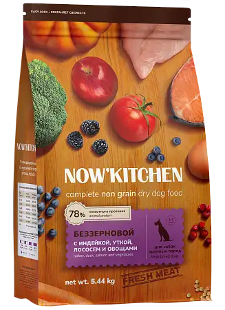 Купить now’ kitchen fresh grain-free large adult Беззерновой сухой корм для взрослых собак крупных пород со свежей индейкой, уткой, лососем