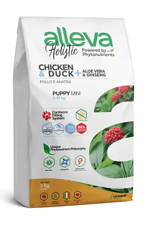 Купить alleva holistic dog сухой корм для щенков мелких и миниатюрных пород с курицей и уткой, алое вера и женьшенем