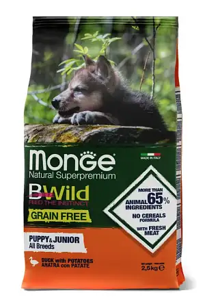 Купить monge dog bwild grain free сухой беззерновой корм для щенков всех пород с мясом утки и картофелем