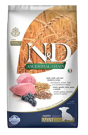 Купить farmina n&d ancestral grain dog lamb & blueberry puppy mini сухой низкозерновой корм для щенков мелких пород с ягненком и черникой