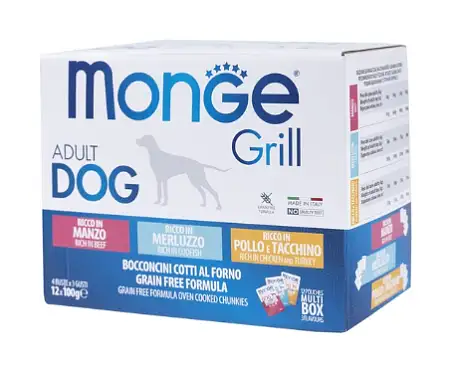 Купить monge dog grill влажный корм для собак с говядиной, с треской, с курицей и индейкой, бокс с паучами