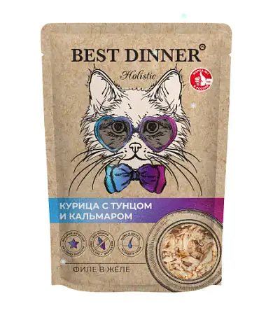 Купить best dinner holistic влажный корм для кошек филе в желе с курицей, тунцом и кальмарами (пауч)
