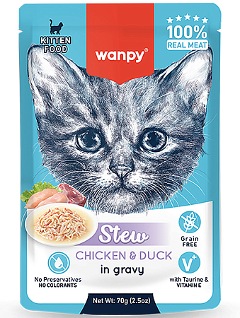 Купить wanpy cat влажный корм для котят нежное рагу из курицы и утки (пауч)