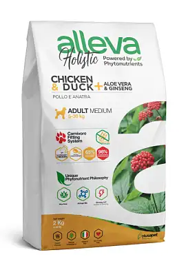 Alleva holistic dog сухой корм для взрослых собак средних пород с курицей и уткой, алое вера и женьшенем