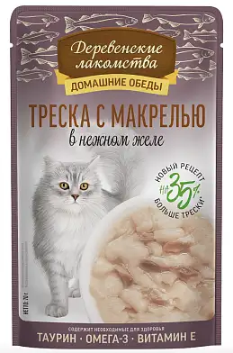 Деревенские лакомства Домашние обеды филейная треска с макрелью в нежном желе пауч для кошек