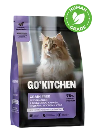 Купить go'kitchen Сухой Беззерновой корм для котят и кошек всех возрастов с курицей, индейкой, лососем и уткой, grain free 4 meat recipe