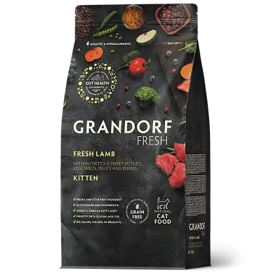 Grandorf FRESH сухой беззерновой корм для котят с живыми пробиотиками, ягненок и батат