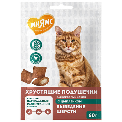 Мнямс Лакомство хрустящие подушечки для кошек «Выведение шерсти», с цыпленком