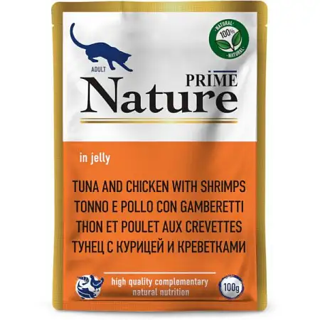 Купить prime nature влажный корм для взрослых кошек с тунцом, курицей и креветками, в желе (пауч)