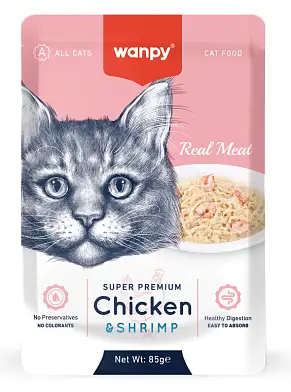 Wanpy Cat влажный корм для кошек из курицы и креветок (пауч)