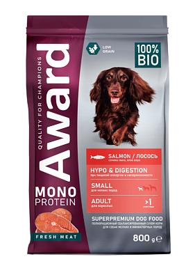 Award Monoprotein сухой корм для взрослых собак мелких пород из лосося с добавлением семян льна и алоэ вера