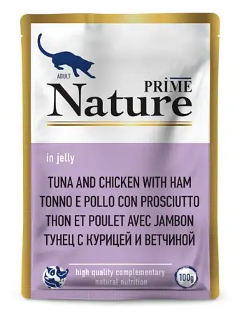 Купить prime nature влажный корм для взрослых кошек с тунцом, курицей и ветчиной (пауч)