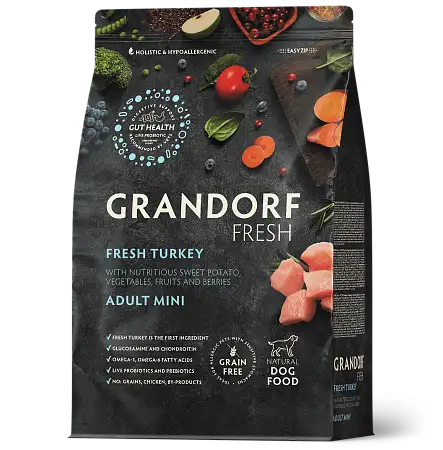 Купить grandorf fresh сухой беззерновой корм для взрослых собак мелких пород с живыми пробиотиками, индейка с бататом